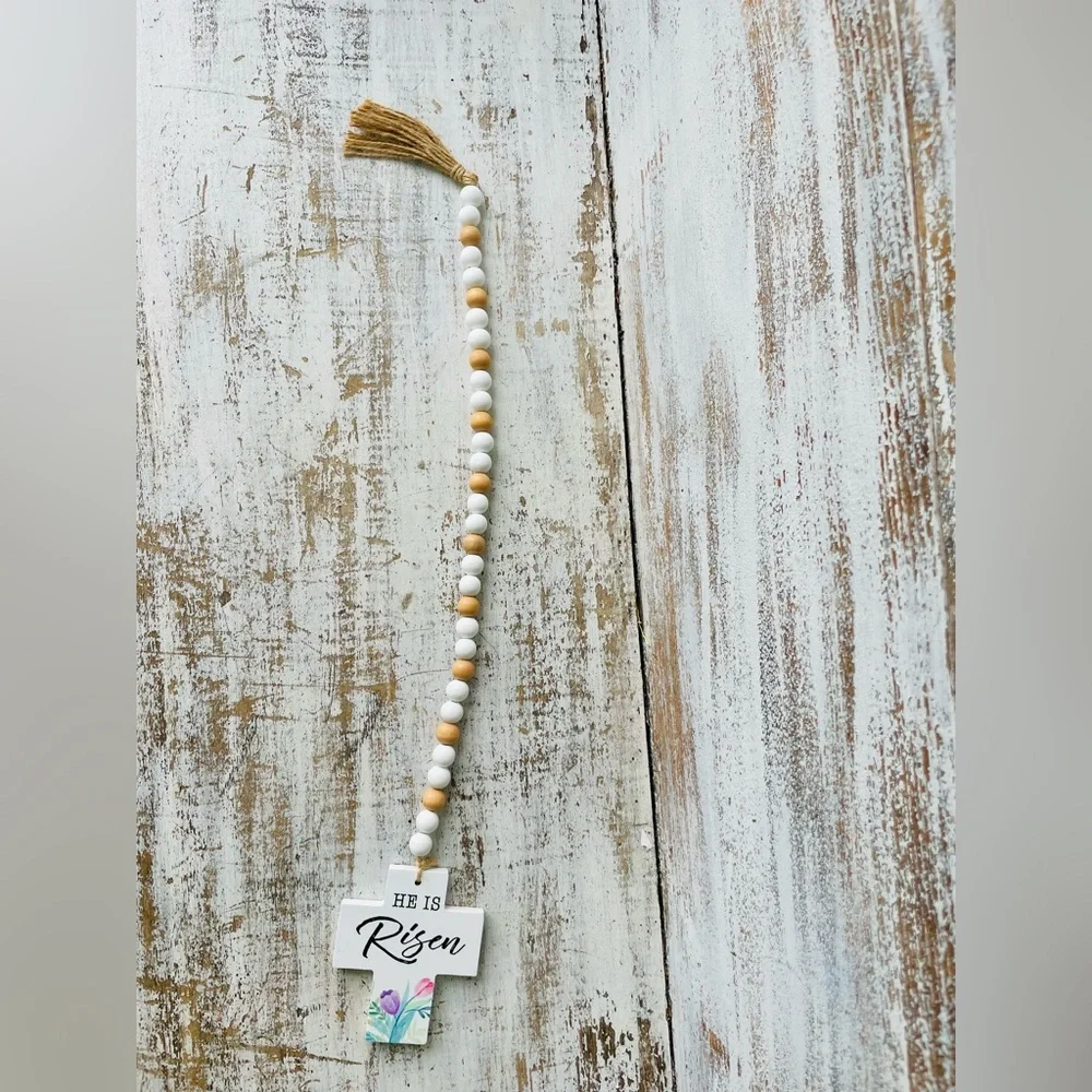 *He Is Risen Wooden Bead Garland w/Cross